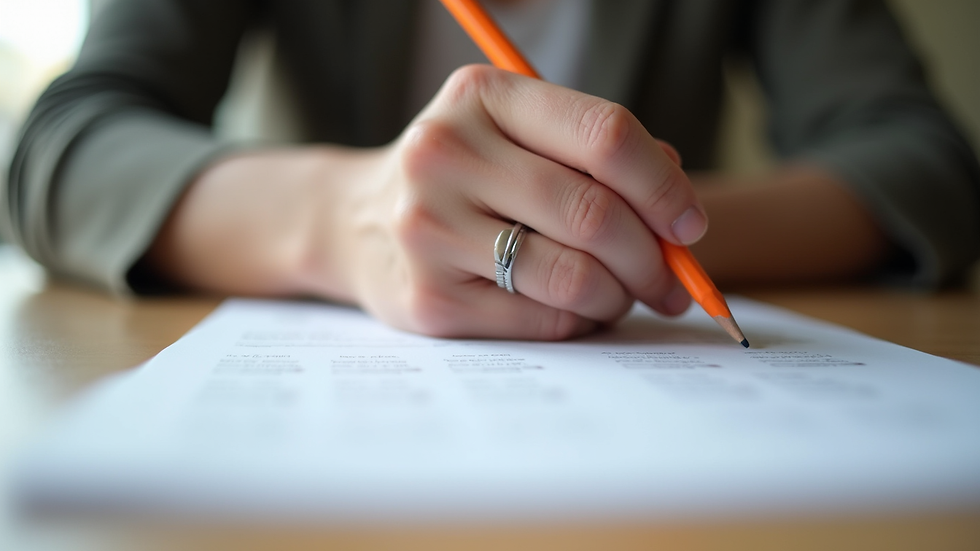 Close-up view of a person taking a practice test with a pencil and paper