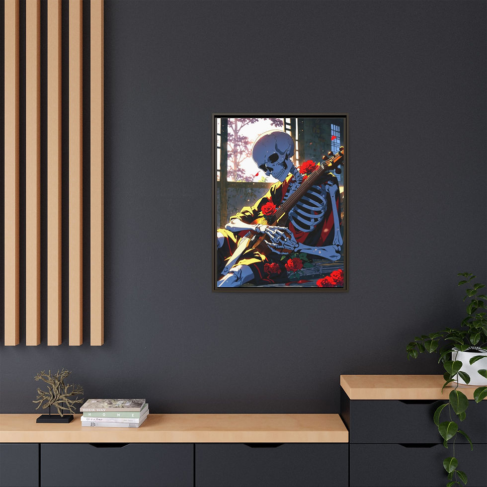 Thumbnail: Skeleton Napping Over Guitar 24" x 32" Framed Canvas Print, Anime, Unique Gift 