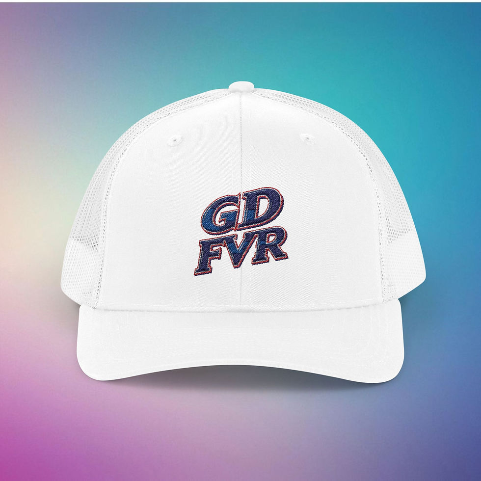 White Trucker's hat with GD FVR logo and Stylish Snapback Cap, Grateful Dead Forever.