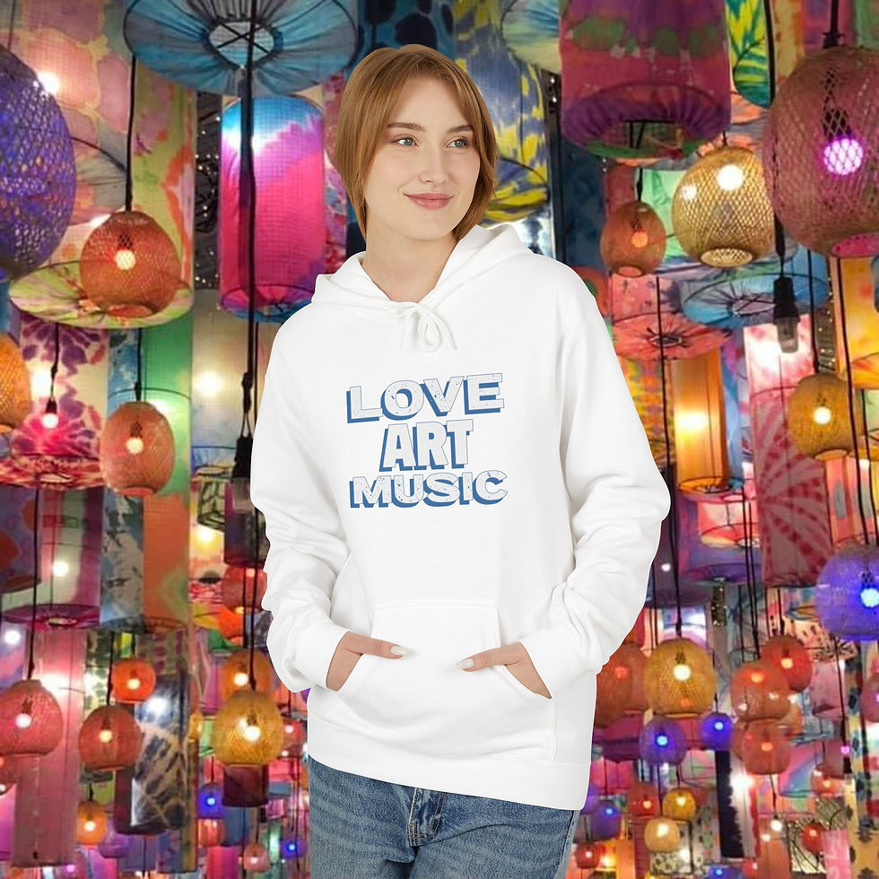 Thumbnail: Woman wearing "Love Art Music" Unisex Fleece Hoodie For Music & Art Lovers. My Site 1