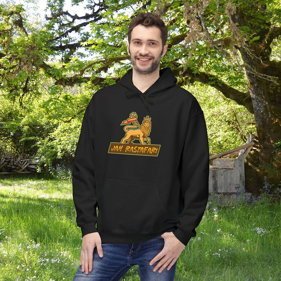 Thumbnail: Man wearing black hoodie with Jah Rasta Bear logo, Unisex Ital Tee.