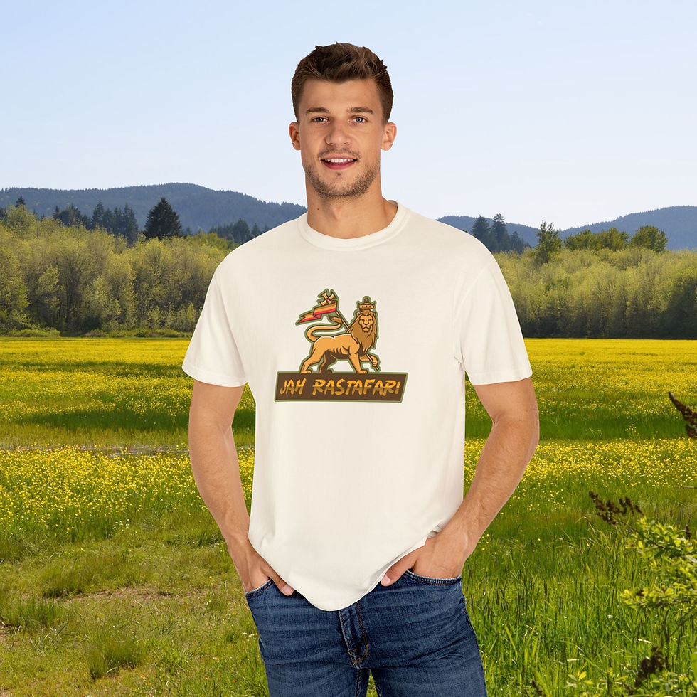 Thumbnail: Man wearing Monumental "Jah Rasta Bear" Garment-Dyed Cotton T-Shirt, Unisex Ital Tee outdoors in field with text My Site 1