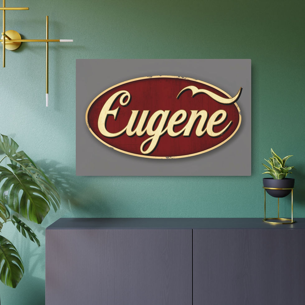 Eugene sign with gold lettering and red oval, mounted on gray wall.