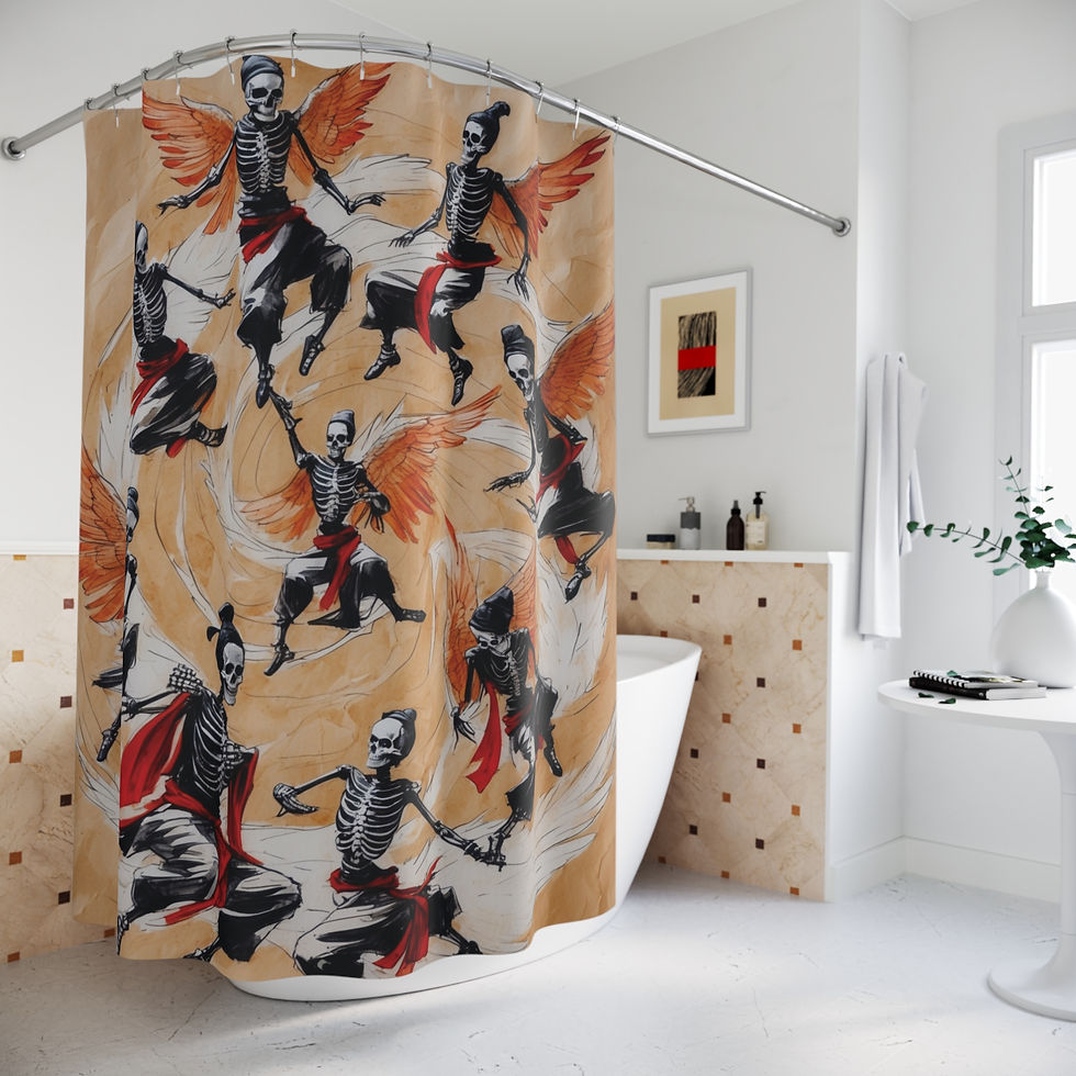 Thumbnail: Winged Skeleton Dervish Dancers Shower Curtain, Spiraling Skeleton Angel Dancers