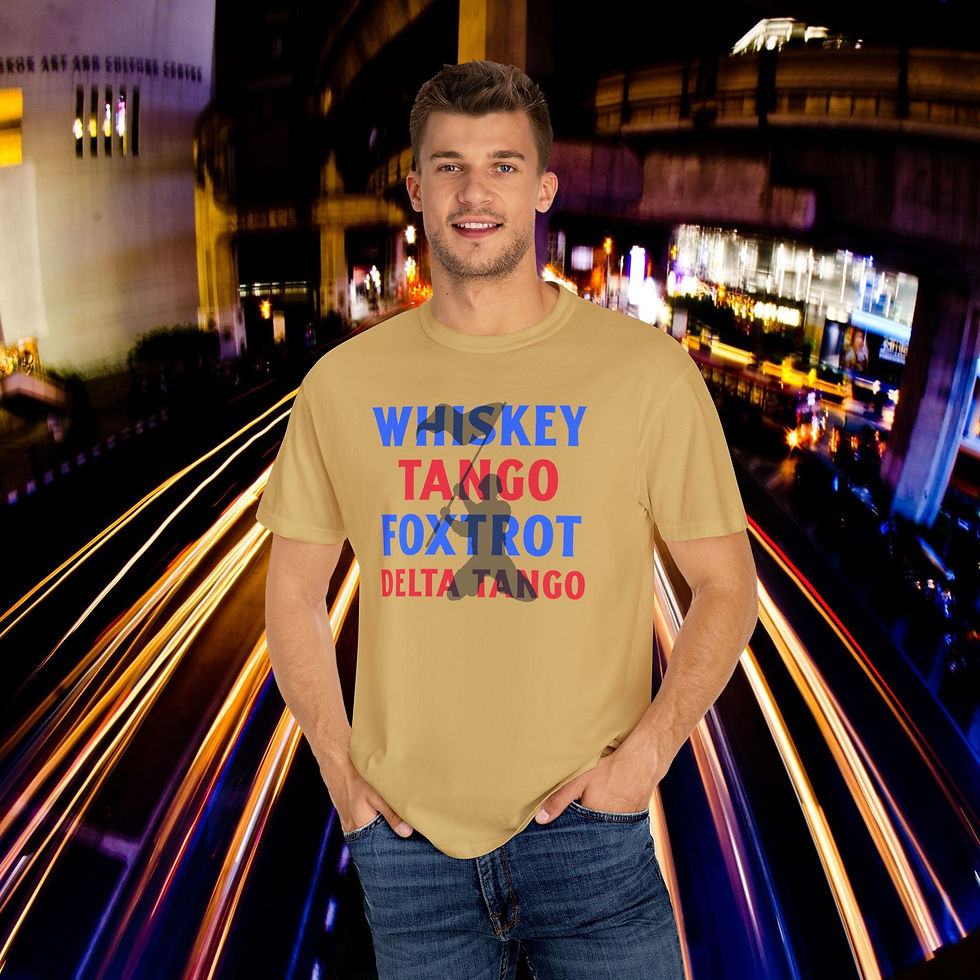 Thumbnail: Man wearing a Whiskey Tango Foxtrot Delta Tango tee shirt, city background My Site 1