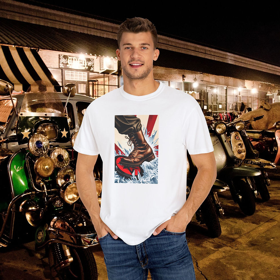 Thumbnail: Man wearing Real Patriots Crush ICE Tee, Anti-Fascist T-Shirt, standing near scooters at night. My Site 1