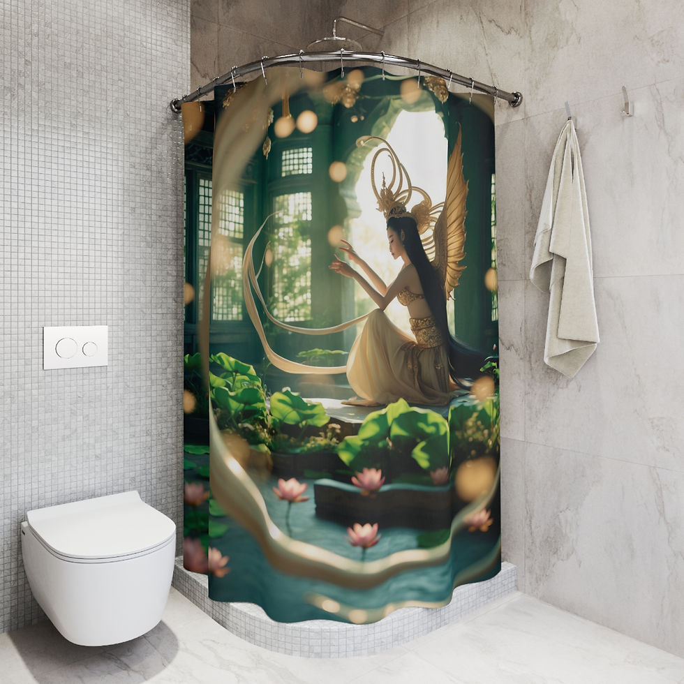 Thumbnail: Ethereal "White Lotus Fairy Temple: Angel Spinning Light" Shower Curtain, Gift