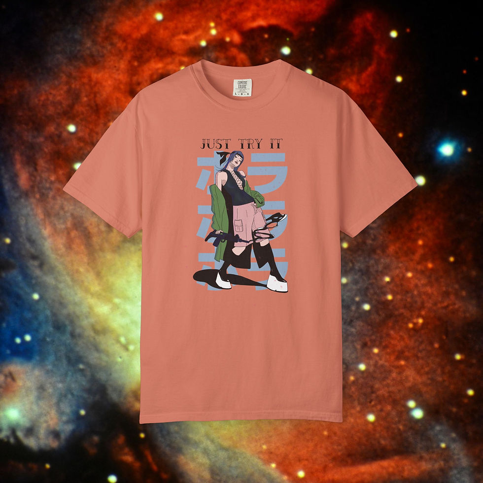 Thumbnail: Orange T-shirt graphic with Asian illustration and text against a cosmic background.