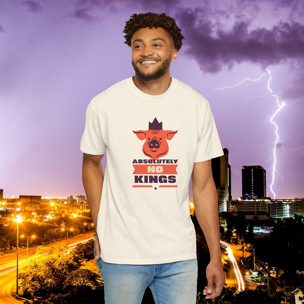 Thumbnail: Man wearing "Absolutely No Kings" T-shirt, smiling, cityscape background. Democracy T-Shirt My Site 1