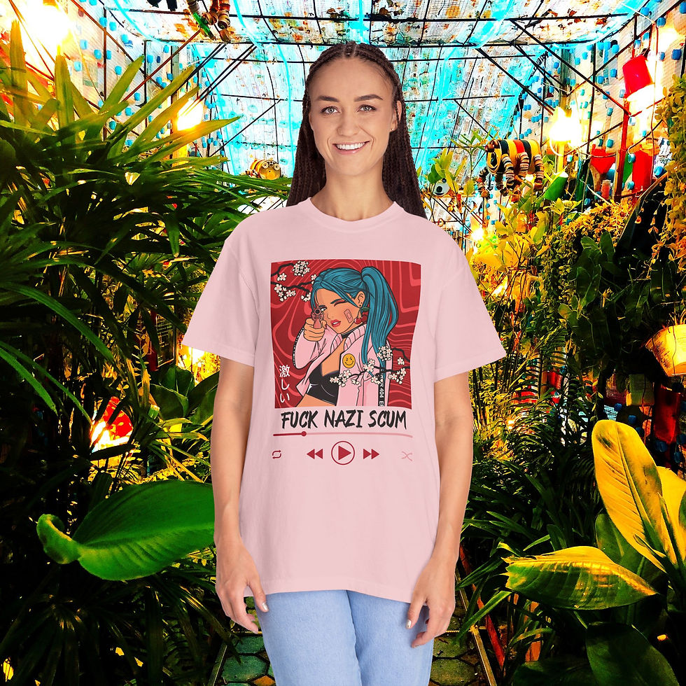 Thumbnail: Woman wearing a pink shirt that says Fuck Nazi Scum. Japanese Sui T-Shirt. My Site 1