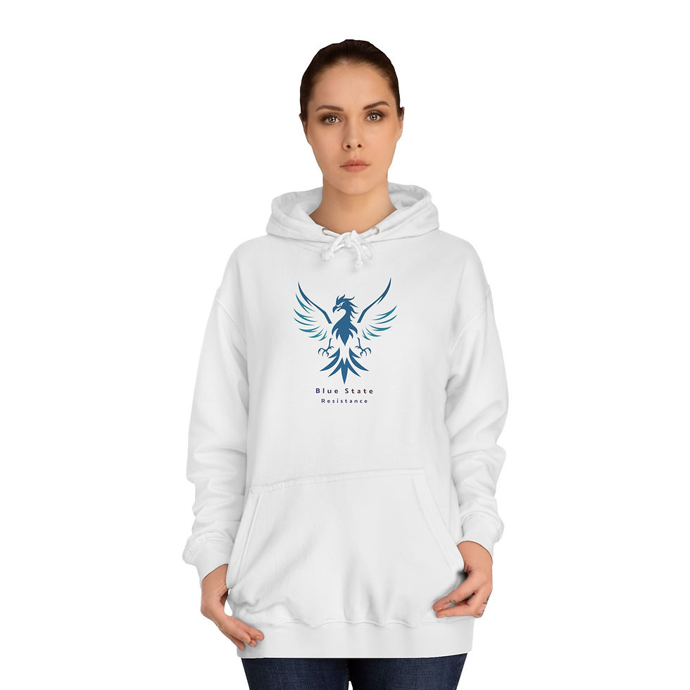 A woman modeling a white hoodie that has a blue Phoenix with spread wings on the front, and the words "Blue State Resistance" under the bird.