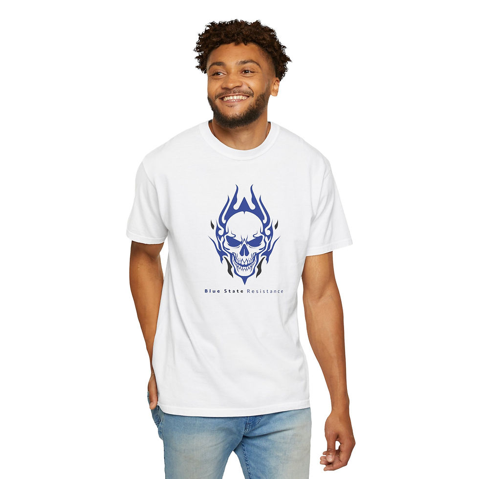 A man wearing white t-shirt that has a blue flaming skull on the front, and the words "Blue State Resistance" under the skull.