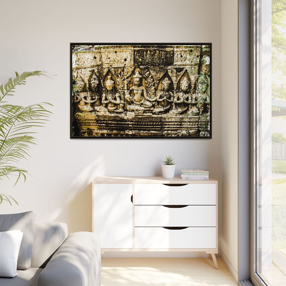 Thumbnail: Buddha & Disciples Stone Carving 40" x 60" Framed Canvas Print, Khmer Art, Gift