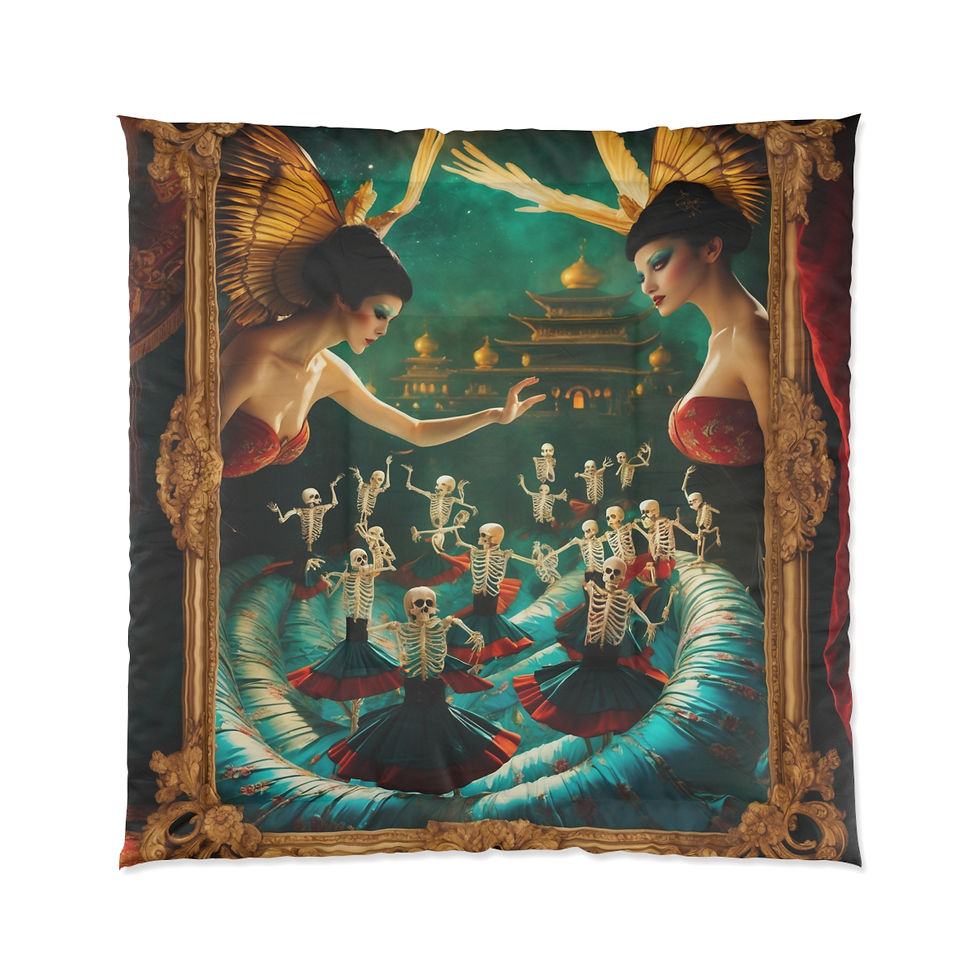 Dancing skeletons held in giant hands, with angels and city background.