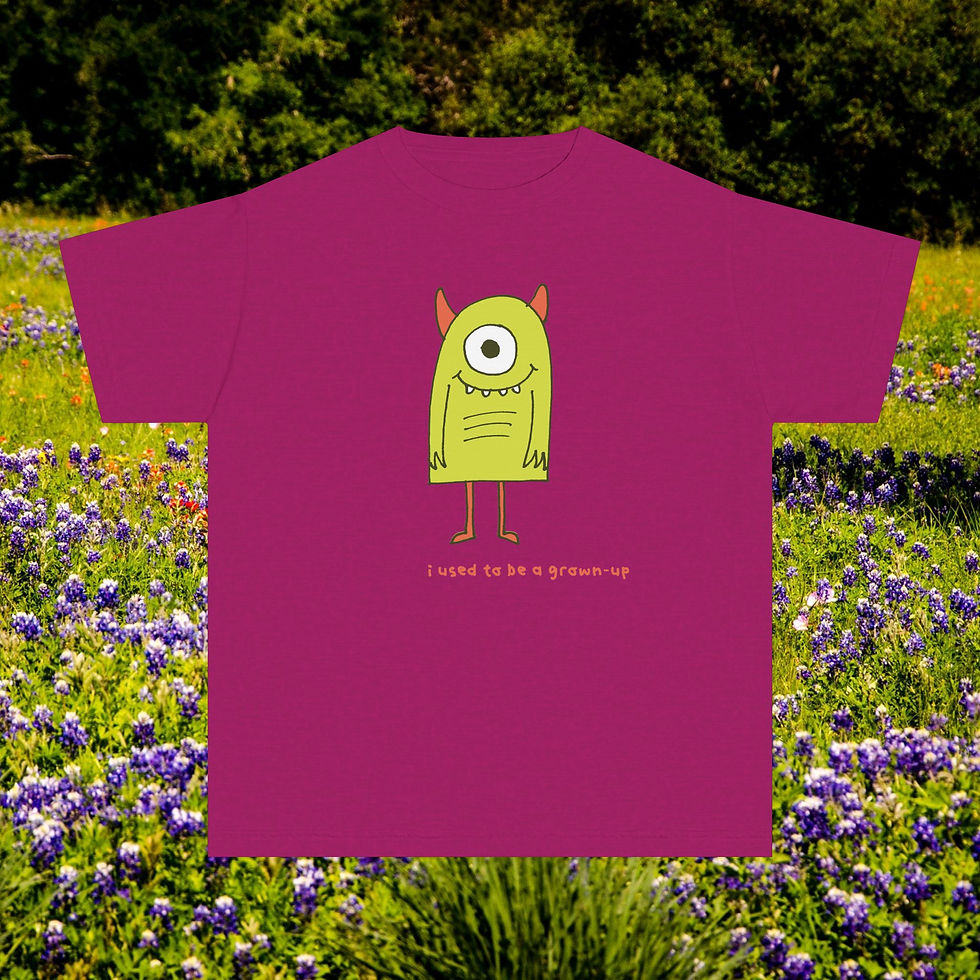 Thumbnail: Purple shirt with a cartoon monster and text in a field.