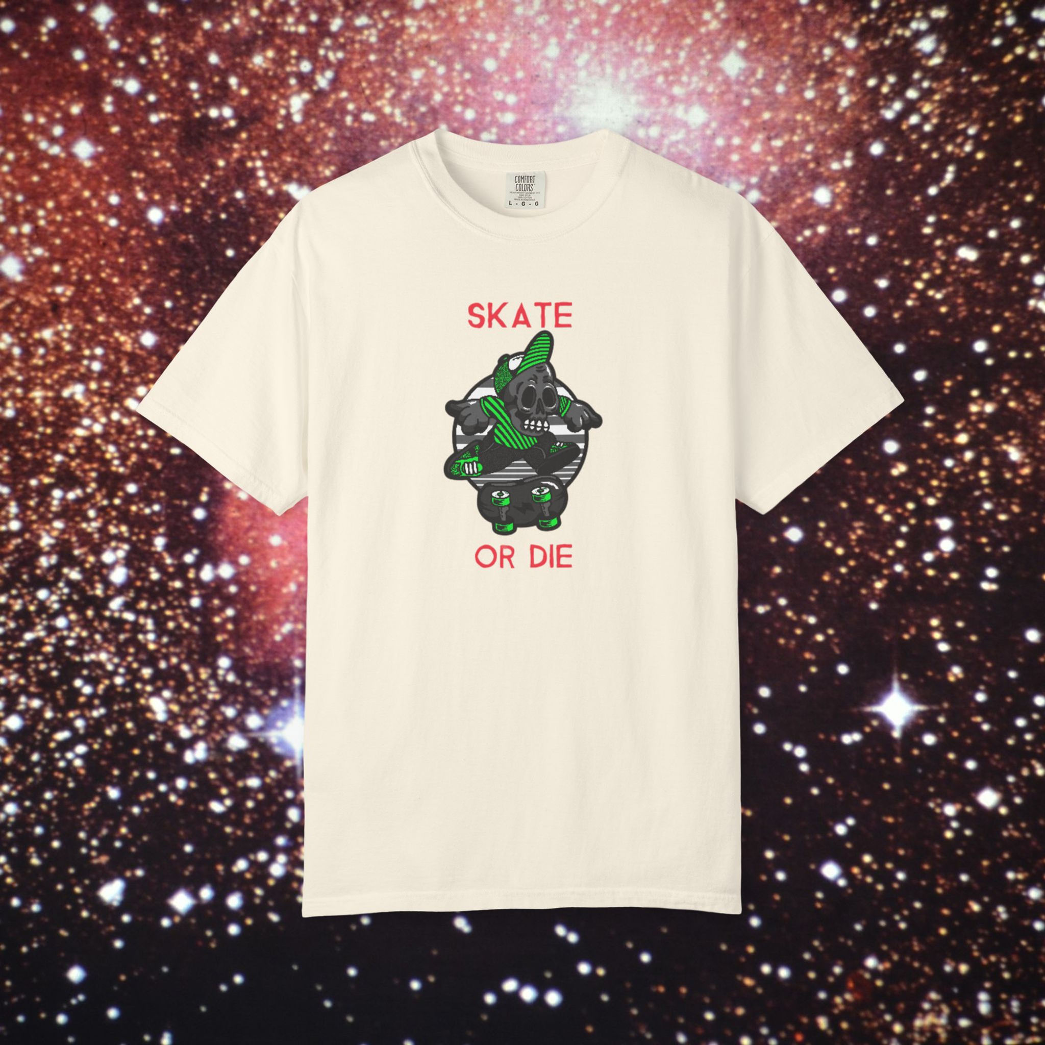 White t-shirt with SKATE OR DIE graphic, galaxy background, Temple of Surf.