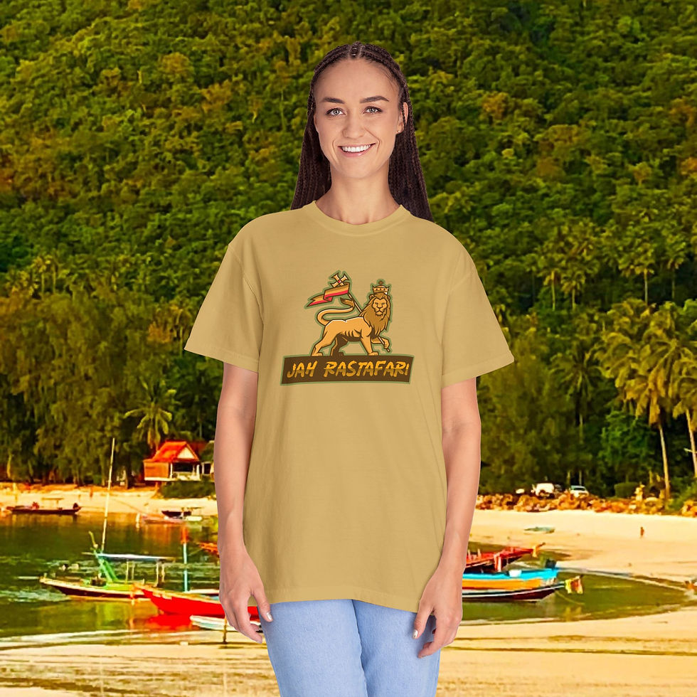 Thumbnail: Woman wearing Monumental "Jah Rasta Bear" Garment-Dyed Cotton T-Shirt, Unisex Ital Tee near beach; My Site 1