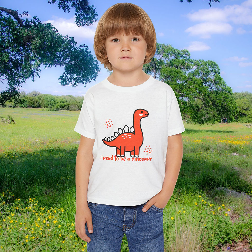 Thumbnail: Young boy wearing dinosaur shirt. Shirt says "I Used to be a Wildflower". My Site 1