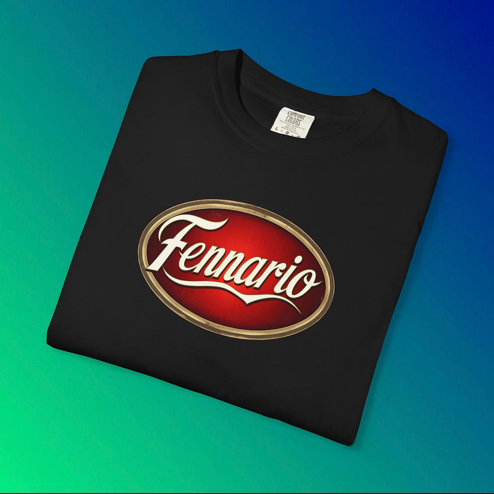 Black Fennario T-shirt with Fennario logo design on the front. My Site 1