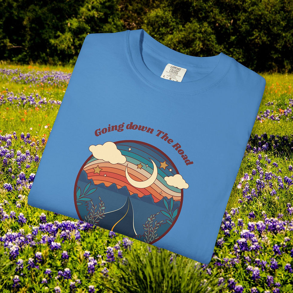 Thumbnail: Blue sweatshirt with "Going down The Road" design in a field; My Site 1