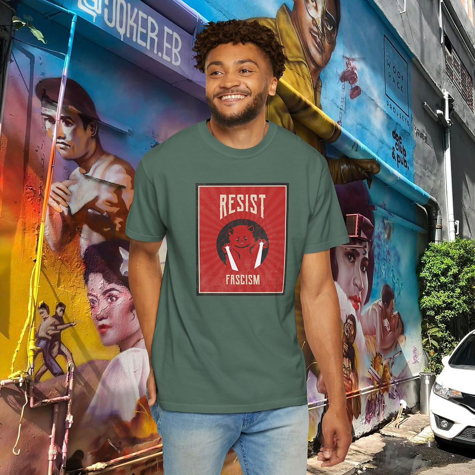 Thumbnail: Man wearing "Resist Fascism" shirt, standing, smiling; My Site 1