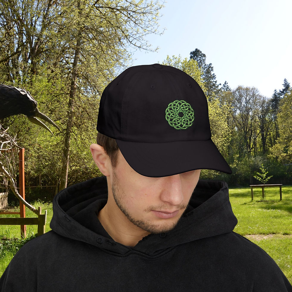 Man wearing Embroidered Green Celtic Cross Adjustable Golf Hat, nature background. My Site 1