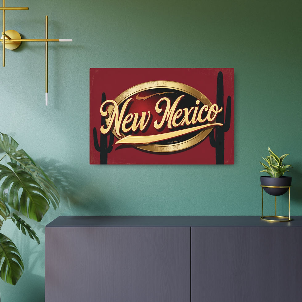 New Mexico gold sign on wall, cacti silhouettes, and green background. My Site 1