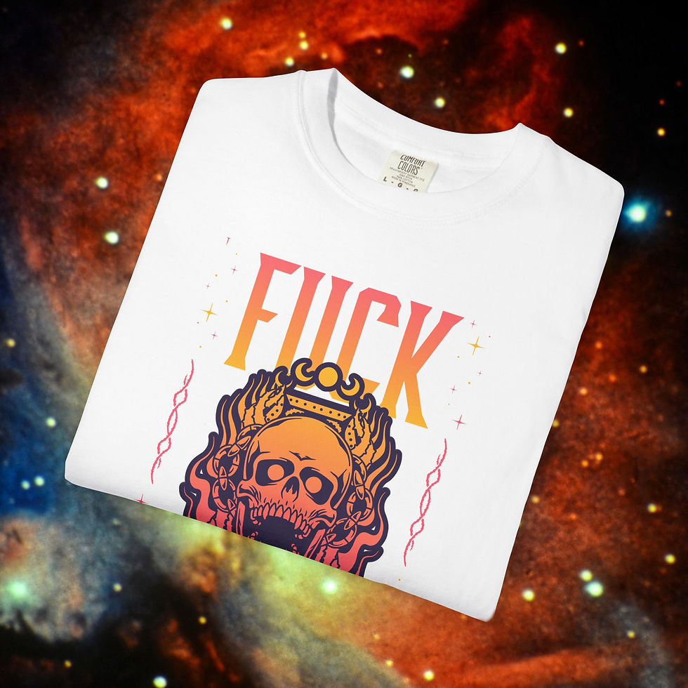 Thumbnail: White t-shirt with the word FUCK and skull design on nebula background.