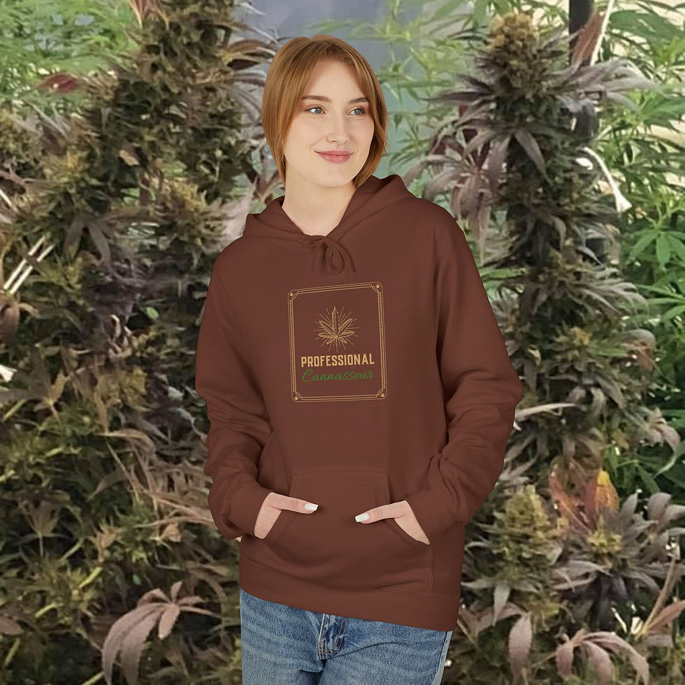 Thumbnail: Woman wearing brown sweatshirt with cannabis logo stands in front of plants. My Site 1