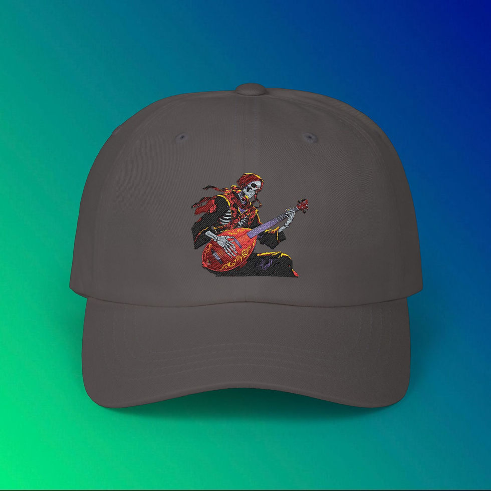 Thumbnail: Gray cap with embroidered skeleton playing guitar; My Site 1