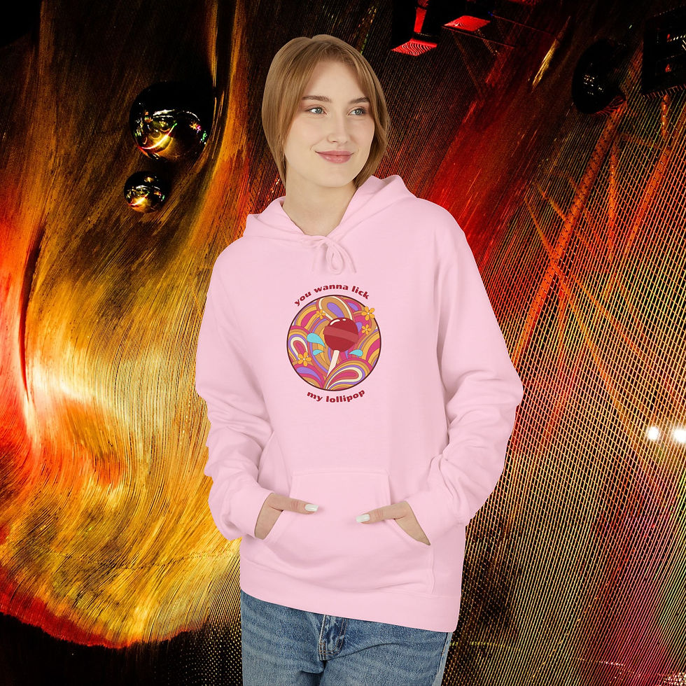 Woman wearing Fun Retro '70s "You Wanna Lick My Lollipop" Unisex Fleece Hoodie, Naughty Design.