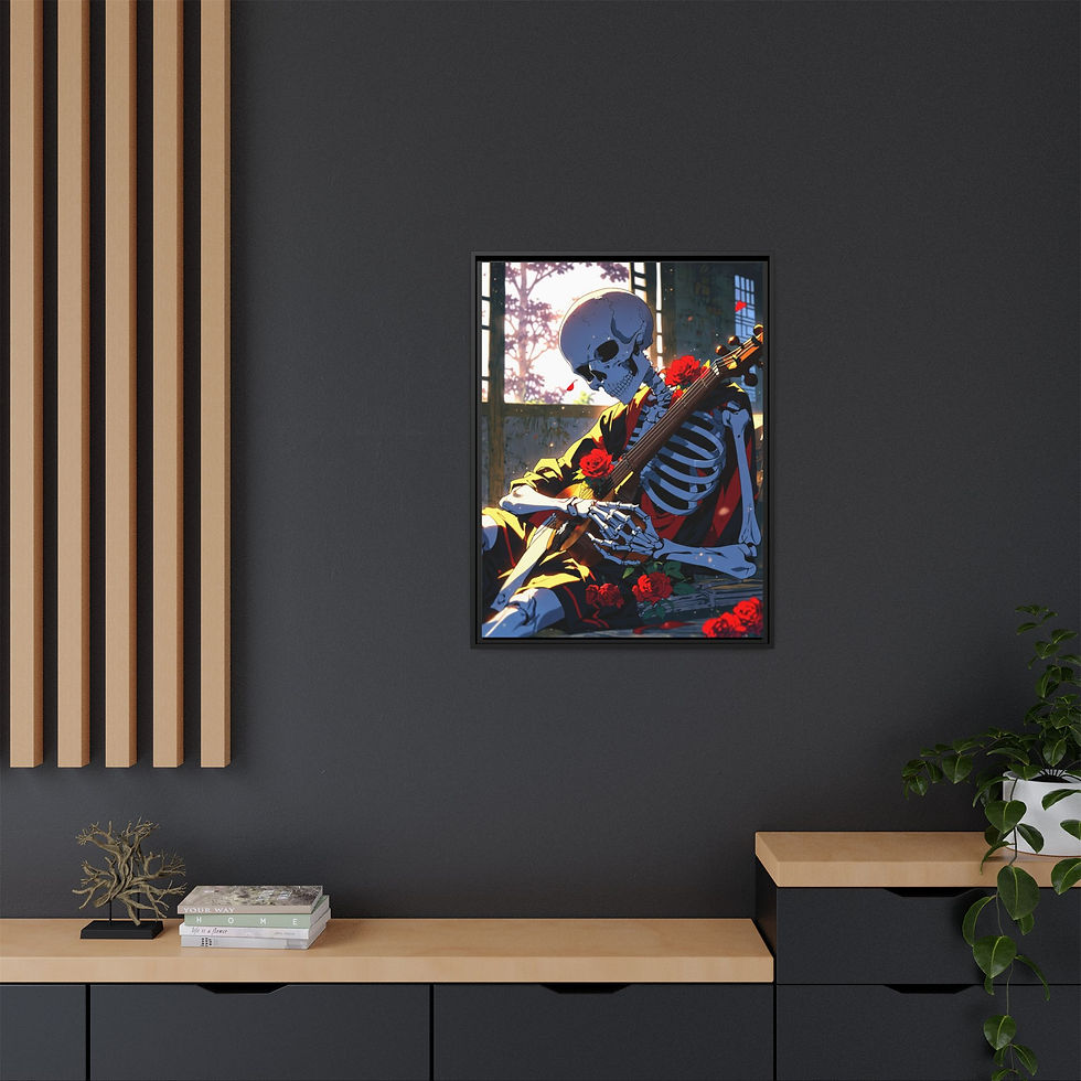 Thumbnail: Skeleton Napping Over Guitar 24" x 32" Framed Canvas Print, Anime, Unique Gift 