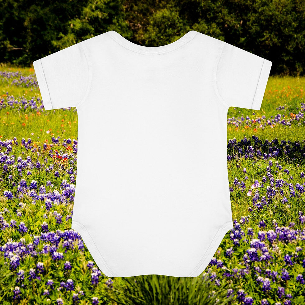 Thumbnail: White baby onesie on a field of wildflowers with a blurred background. My Site 1