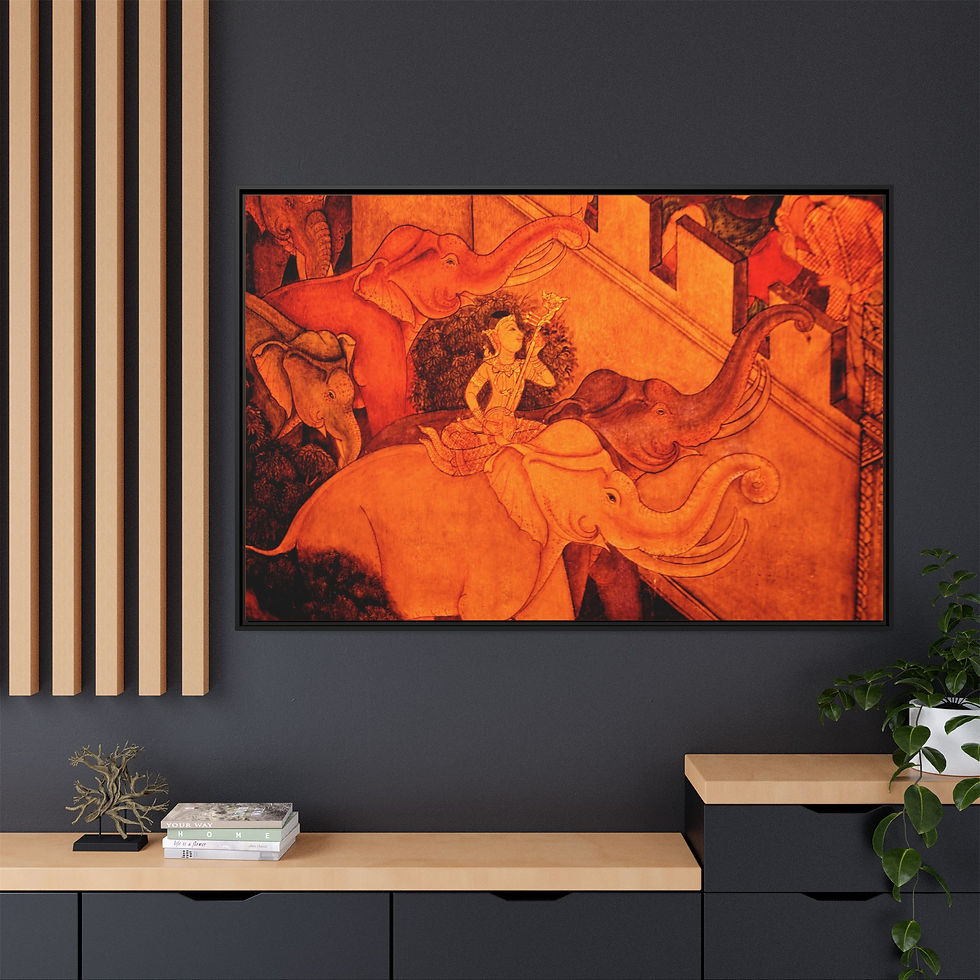 Painting of a person riding an elephant, framed on the wall. My Site 1