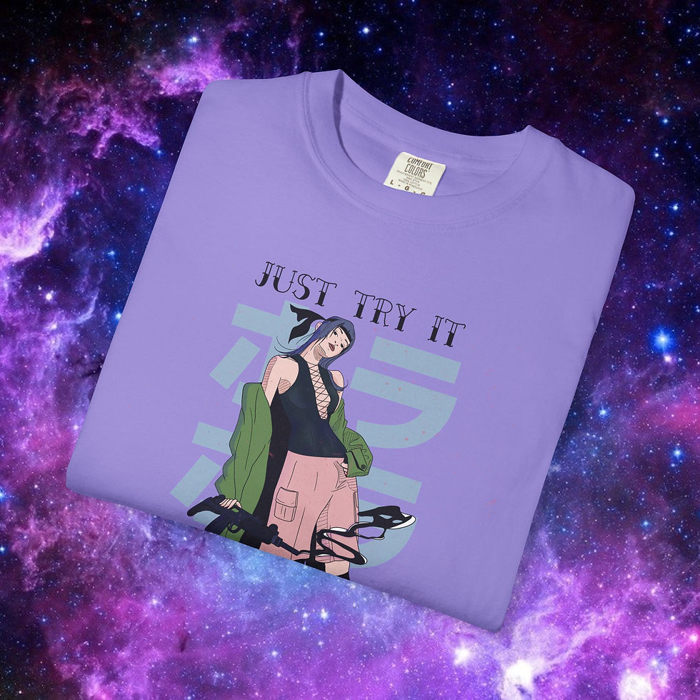 Thumbnail: Purple shirt with the text JUST TRY IT and graphic on galaxy background.