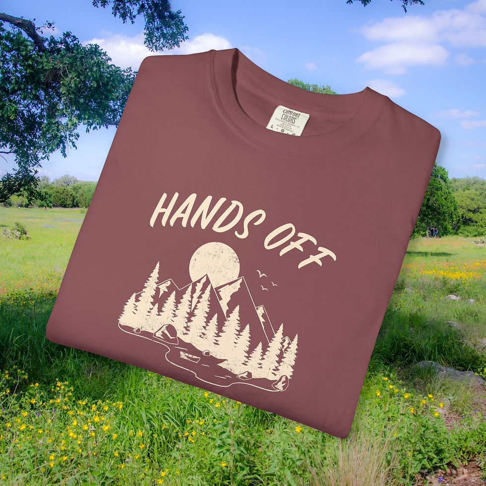 Thumbnail: Maroon t-shirt with Hands Off design, mountains, trees. My Site 1