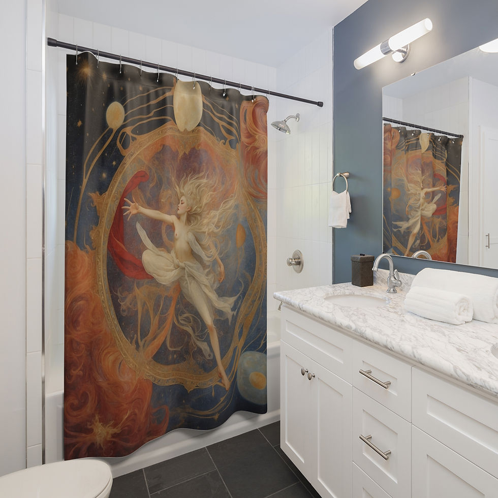 Dreamy Celestial Dancer Shower Curtain, Cosmic Bathroom Decor, Boho Home, Gift in a bathroom setting.