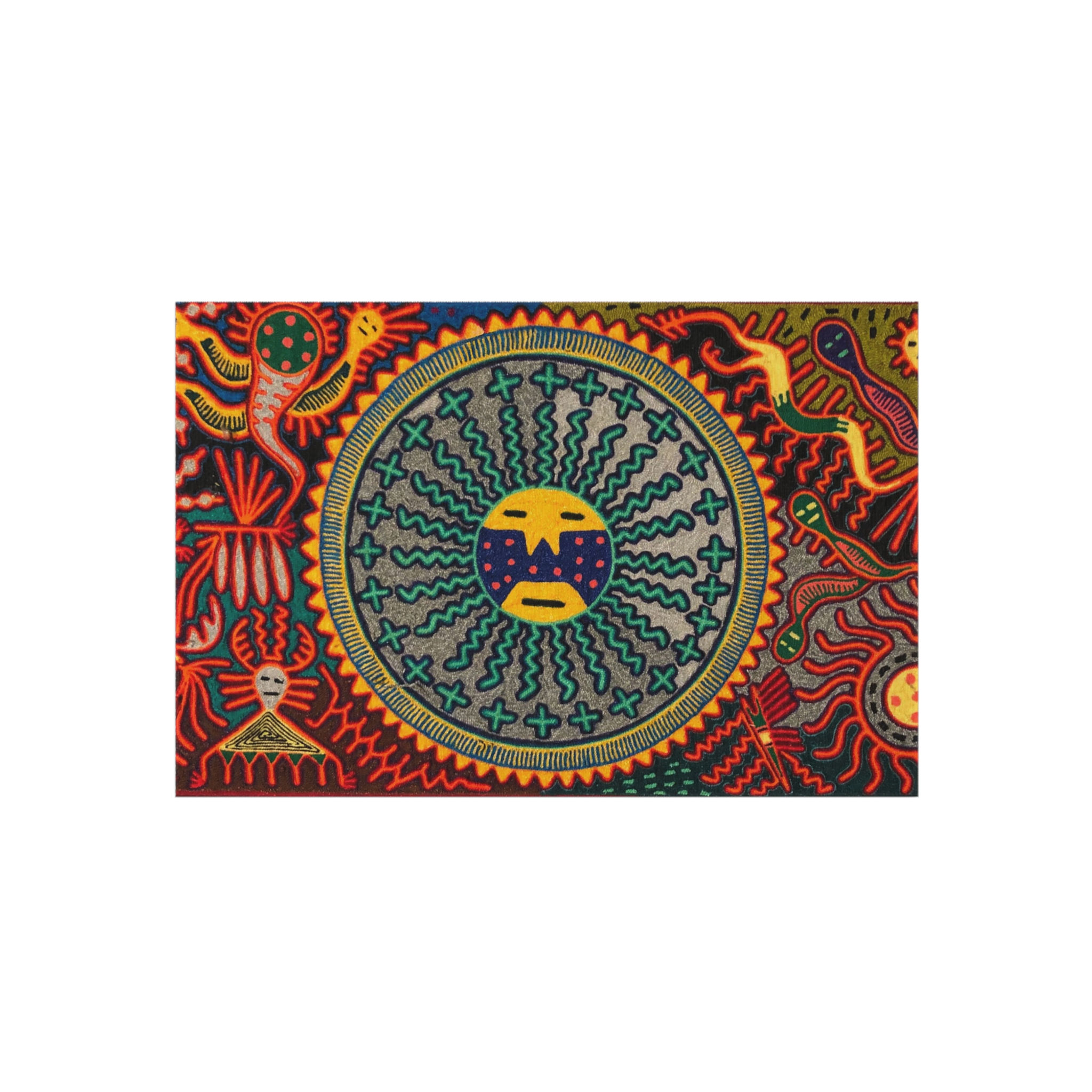 Vibrant Huichol Traditional Yarn Painting 48" x 72" Outdoor Rug with Spirits