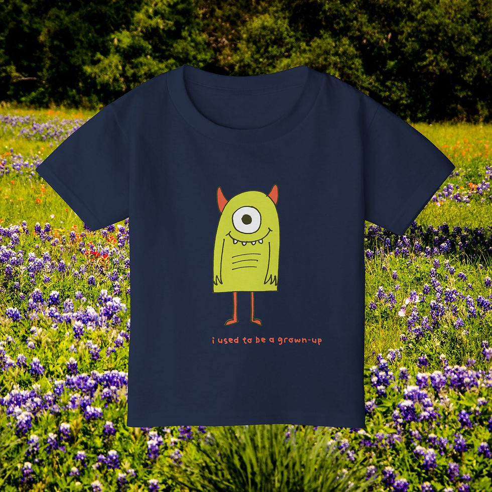Thumbnail: Navy blue t-shirt with a green monster and text, I used to be a little kid.