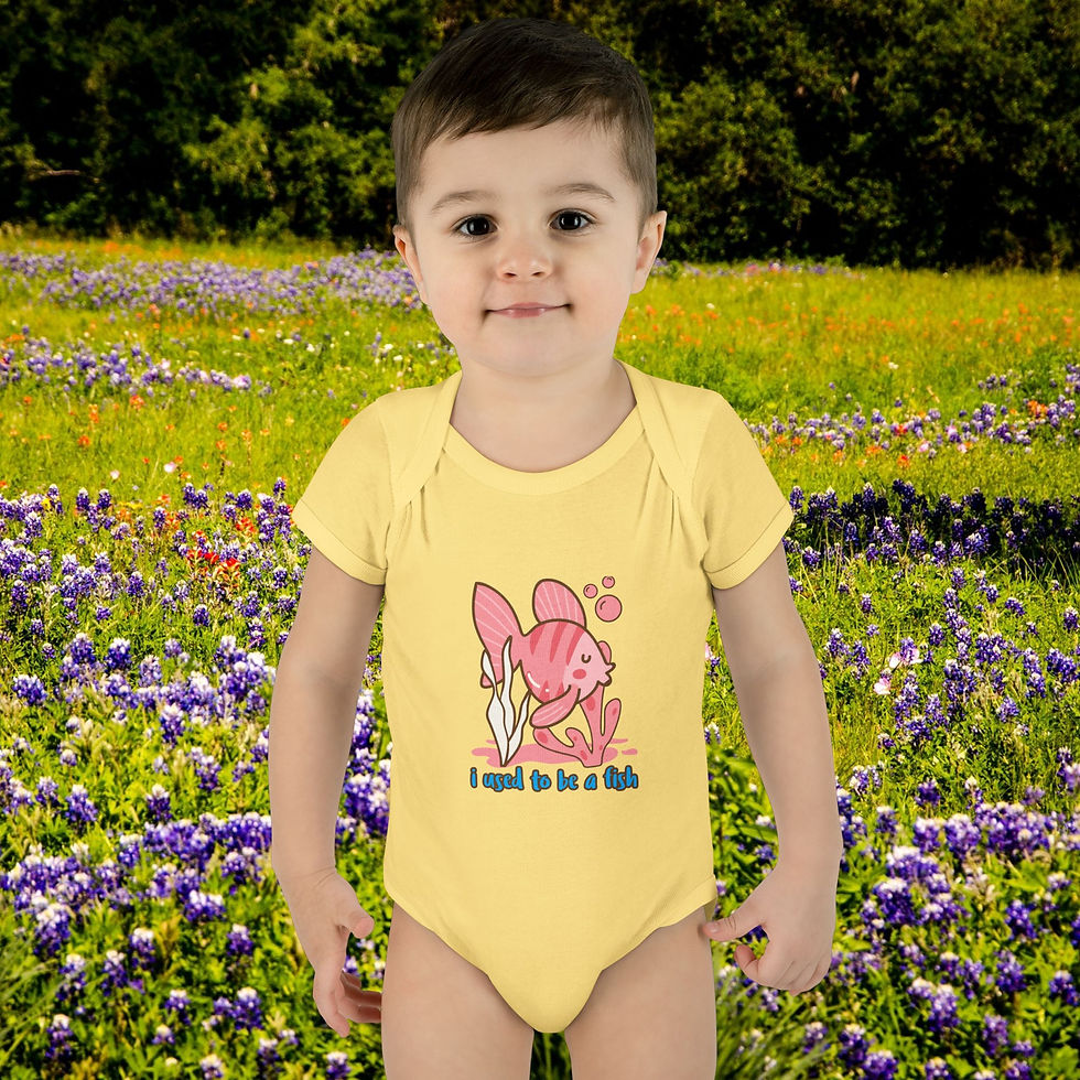 Thumbnail: Adorable baby wearing yellow shirt with fish design and text, 