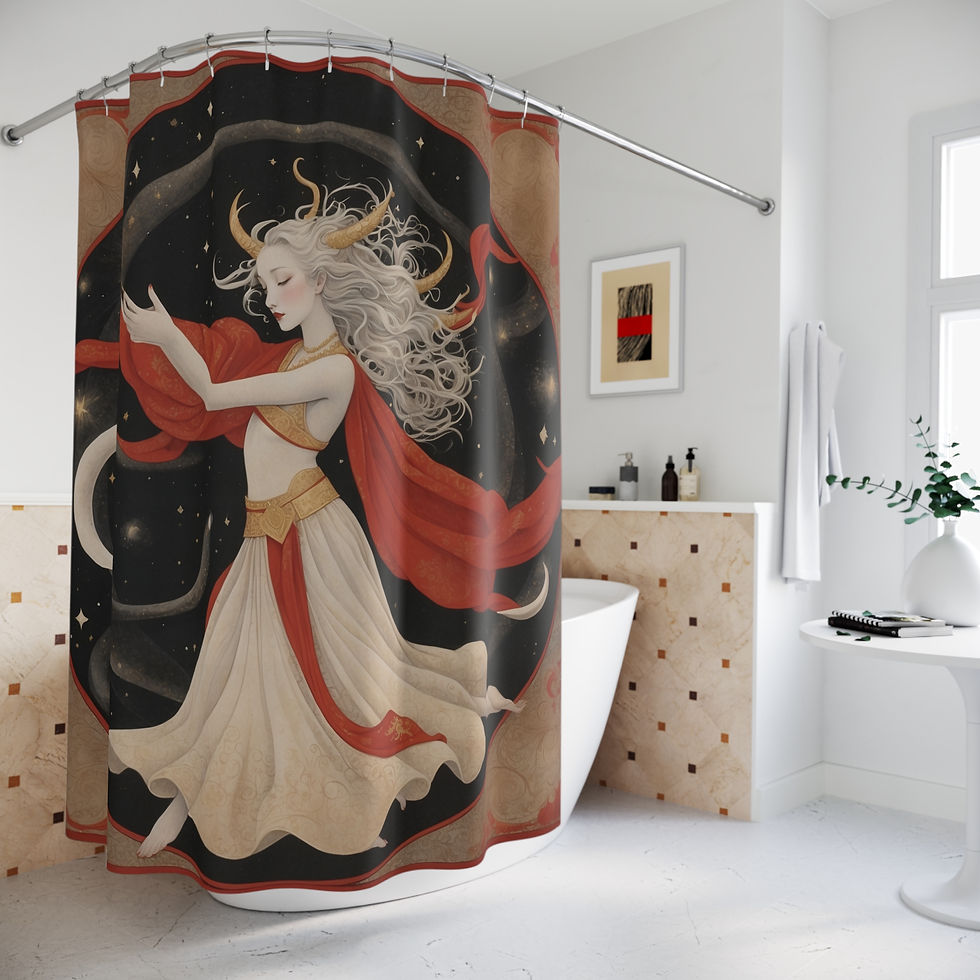Thumbnail: Celestial Horned Priestess of the Stars and Moon Shower Curtain, Boho Bath Gift