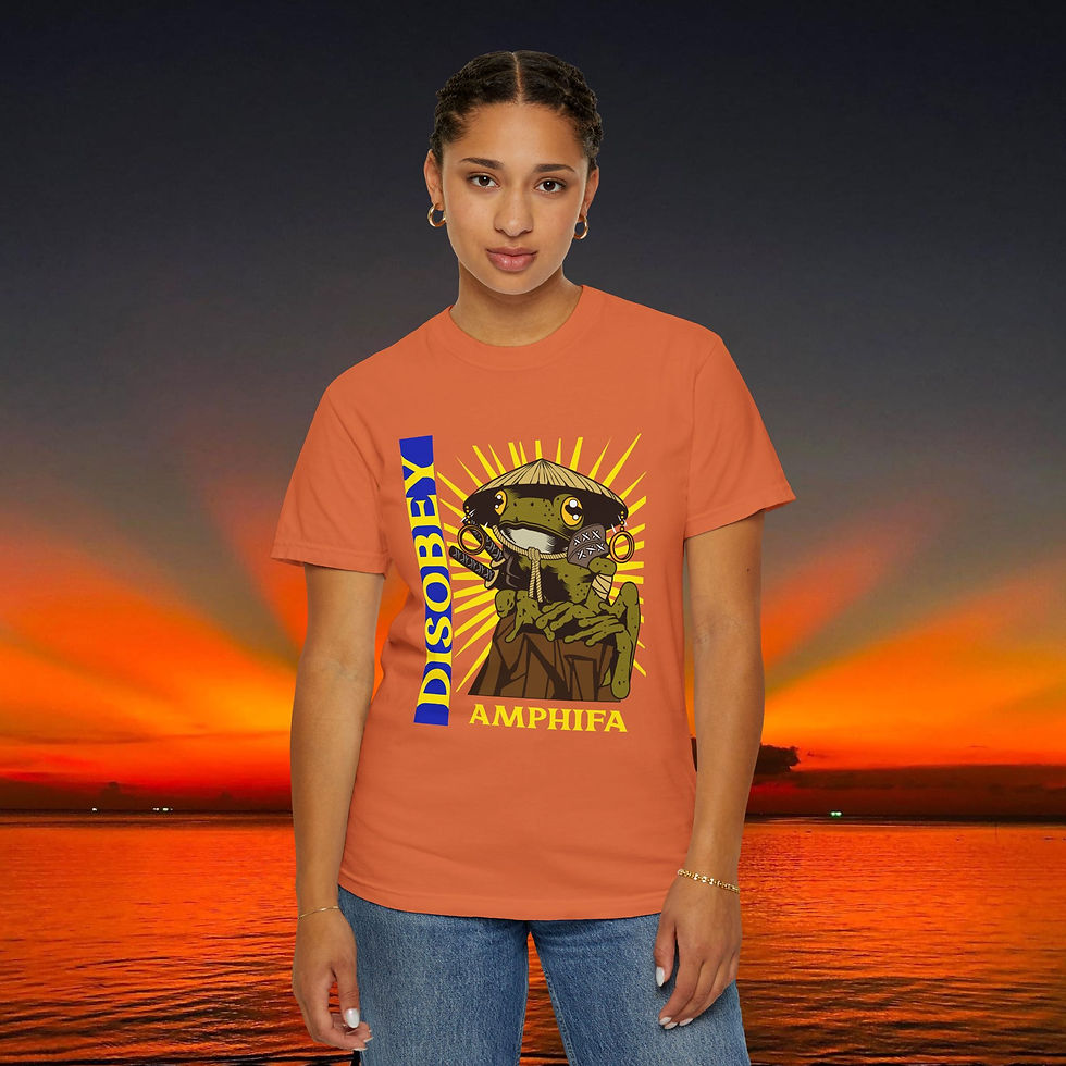 Thumbnail: Woman wearing orange shirt with "DISOBEY ANTIFA" design, sunset background, My Site 1
