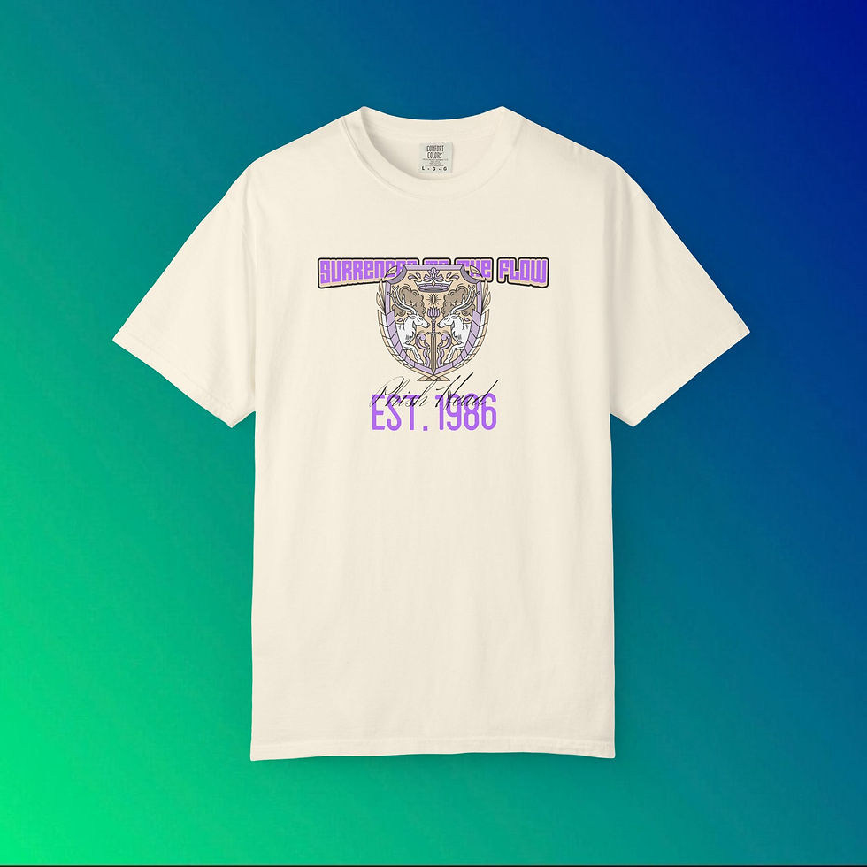 Cream-colored t-shirt with purple and white graphic reading