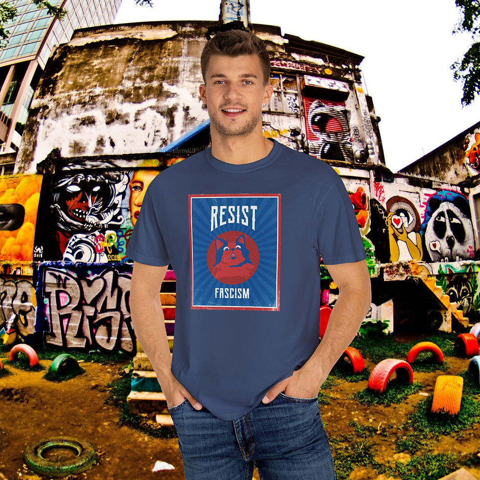 Man wearing blue t-shirt with the word