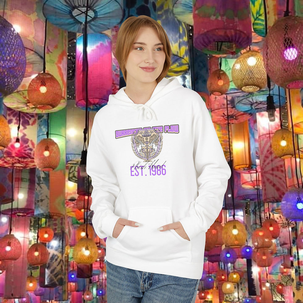 Thumbnail: Woman wearing white hoodie with purple design and text, against colorful background. My Site 1