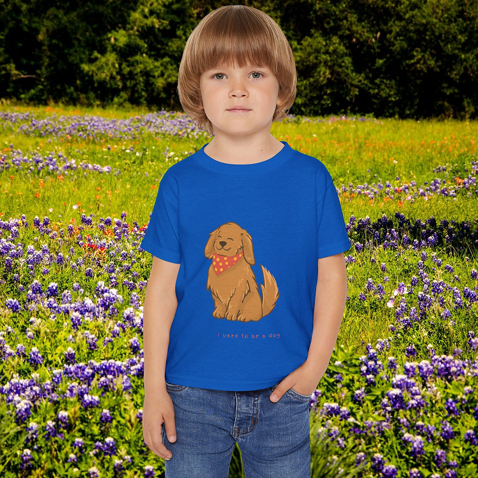 Thumbnail: Young boy wearing dog shirt stands in a field of wildflowers My Site 1