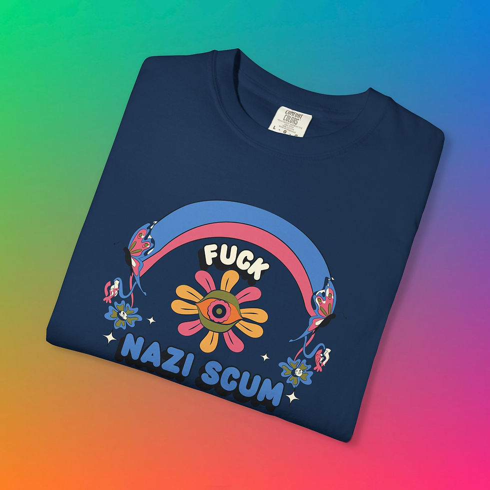 Thumbnail: Navy blue shirt with colorful text and flower graphic. Nazi scum.