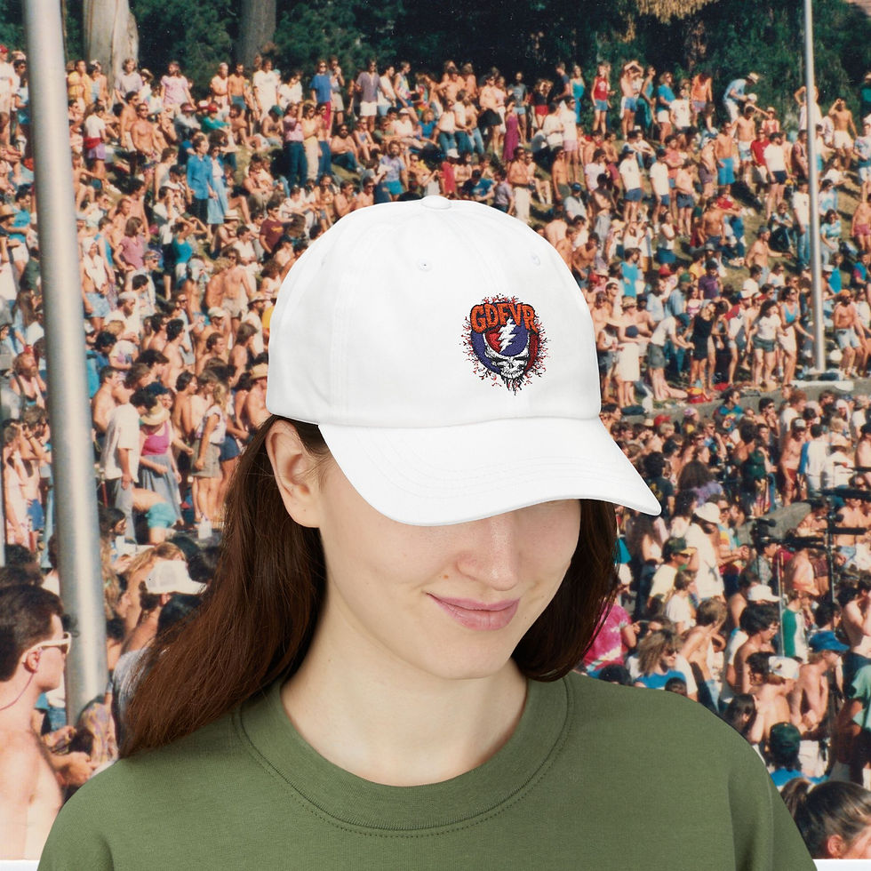 Thumbnail: Woman wearing white hat, Epic Stealie GDFVR Cotton Golf Cap V.2, Embroidered, crowd background, Grateful Dead