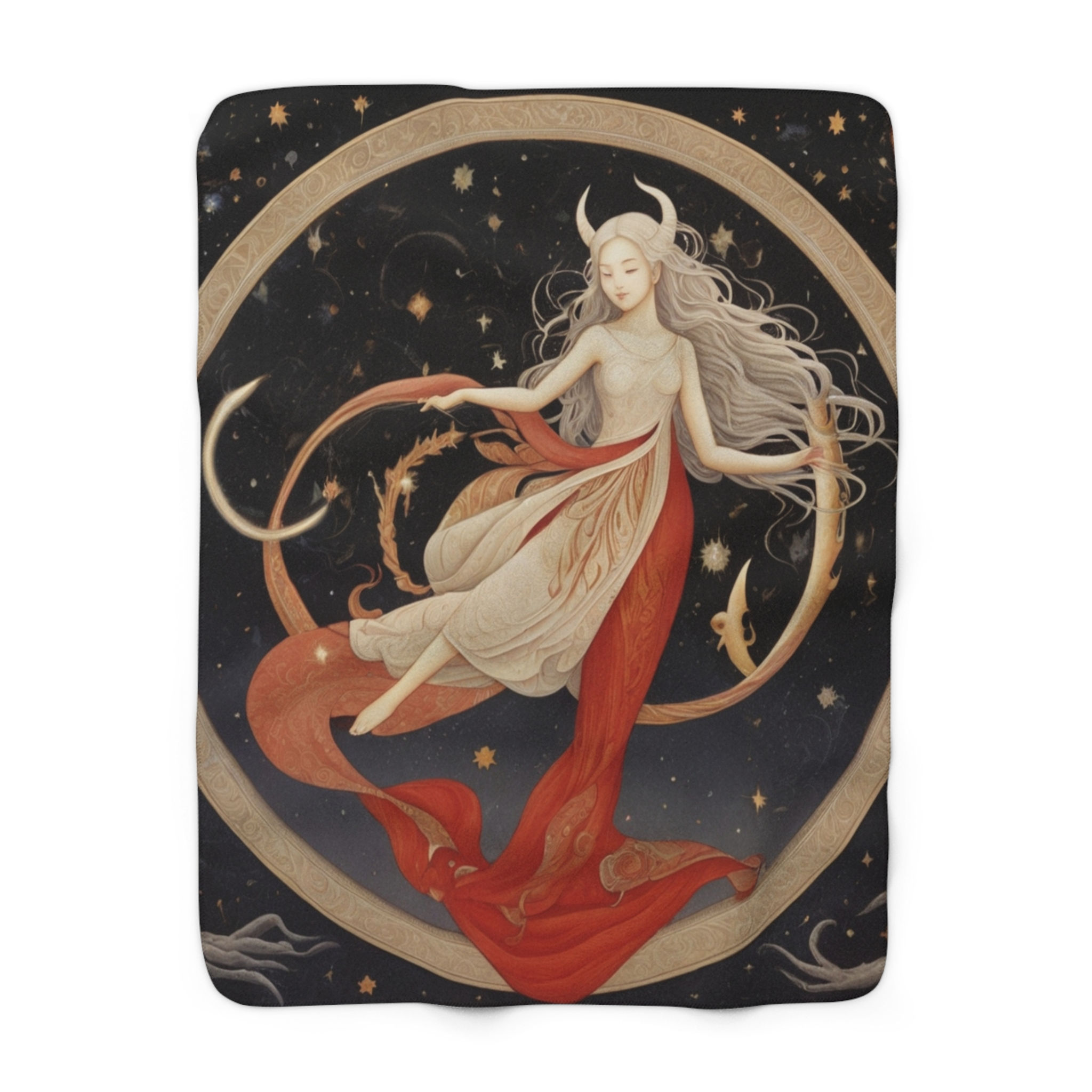 Celestial Horned Goddess 50" x 60" Sherpa Fleece Blanket, Boho Mystical Gift