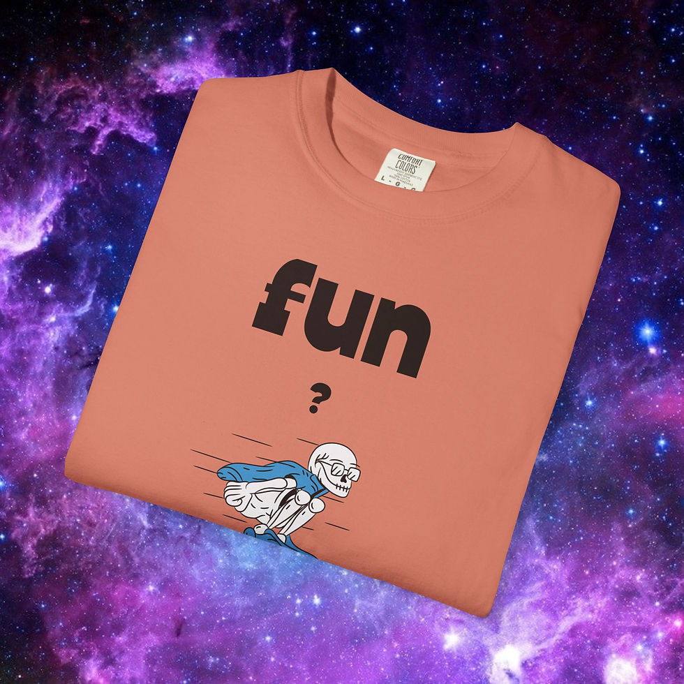Thumbnail: Orange tee with fun and a running character, plus Retro Sci-Fi Space Art